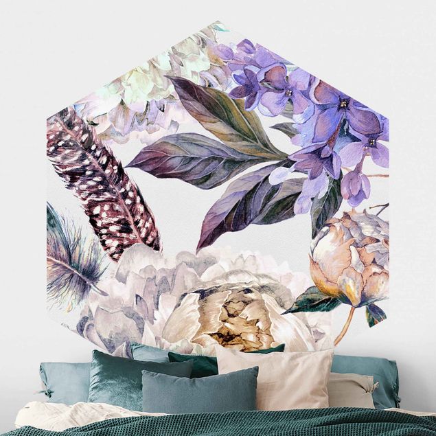 Hexagonal wall mural Delicate Watercolour Boho Flowers And Feathers Pattern