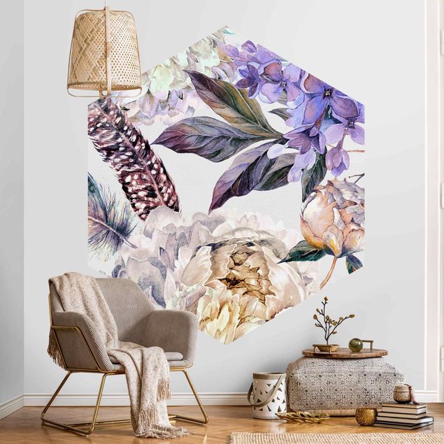 Self-adhesive hexagonal pattern wallpaper - Delicate Watercolour Boho Flowers And Feathers Pattern