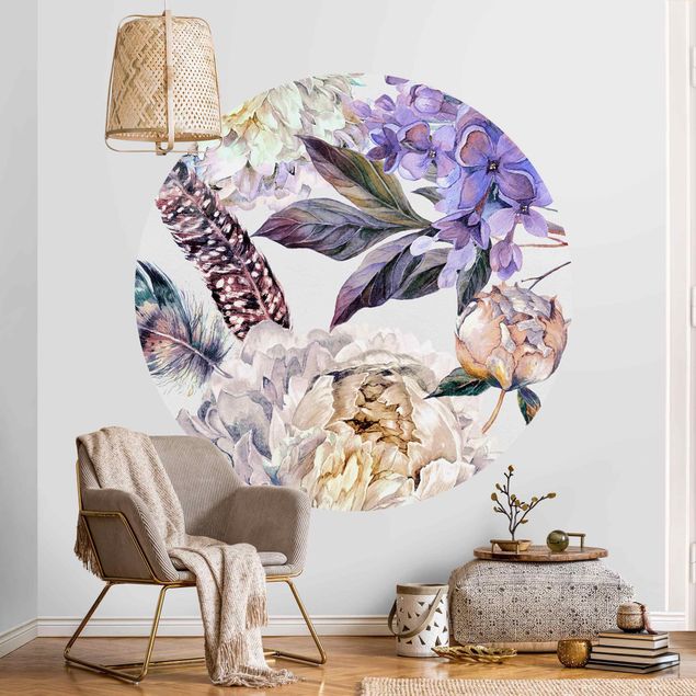 Self-adhesive round wallpaper - Delicate Watercolour Boho Flowers And Feathers Pattern