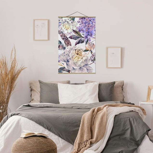 Fabric print with poster hangers - Delicate Watercolour Boho Flowers And Feathers Pattern - Portrait format 2:3