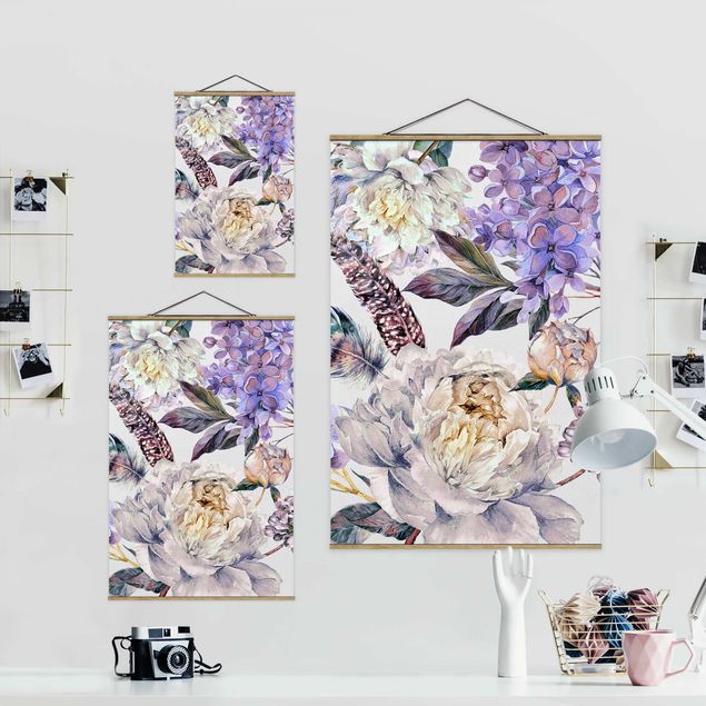 Fabric print with poster hangers - Delicate Watercolour Boho Flowers And Feathers Pattern - Portrait format 2:3