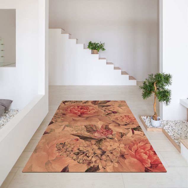 rug under dining table Delicate Watercolour Peony Pattern