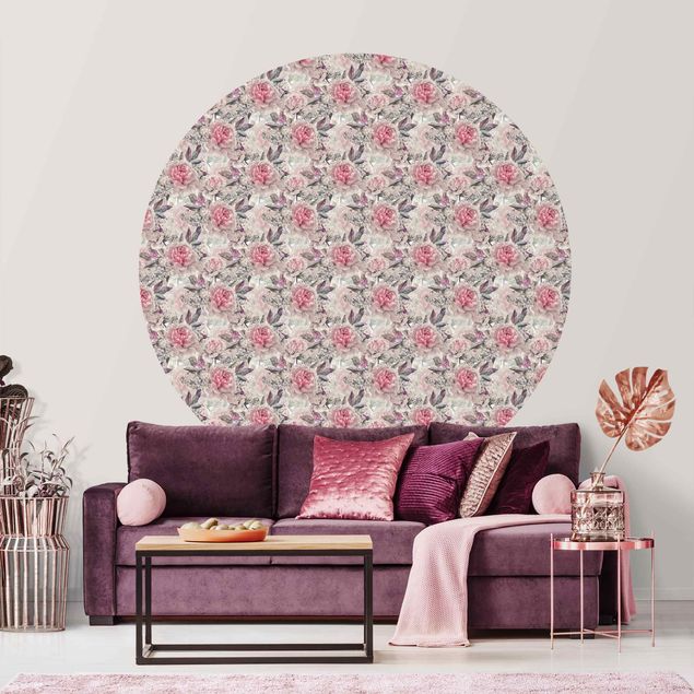 Self-adhesive round wallpaper - Delicate Watercolour Peony Pattern