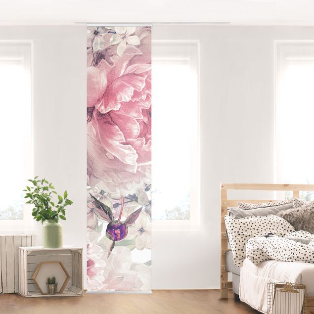 Sliding curtain set - Watercolour Storks In Flight With Roses On Pink - Panel