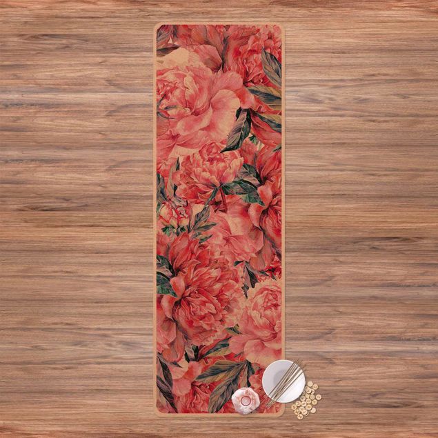Yoga mat - Delicate Watercolour Red Peony Pattern