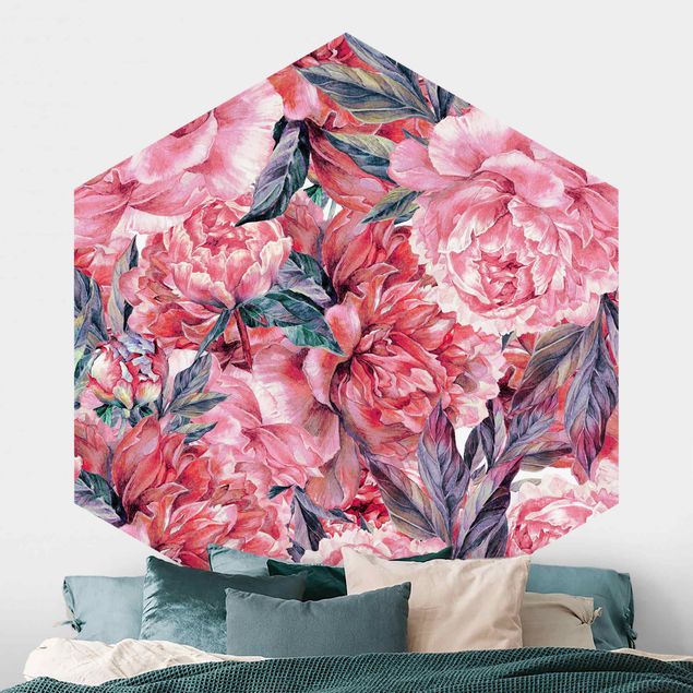 Hexagonal wallpapers Delicate Watercolour Red Peony Pattern