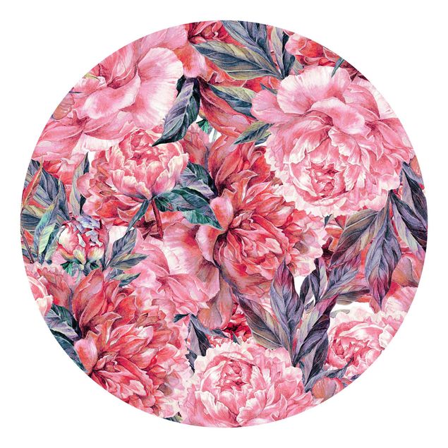 Self-adhesive round wallpaper - Delicate Watercolour Red Peony Pattern