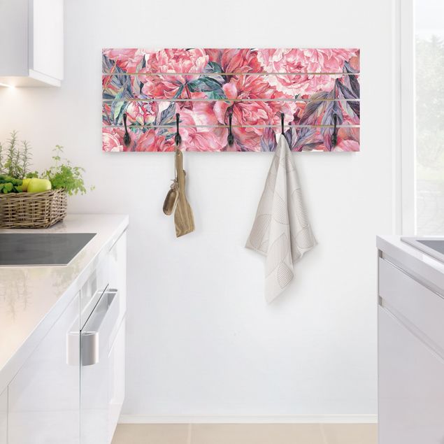 Wooden coat rack - Delicate Watercolour Red Peony Pattern