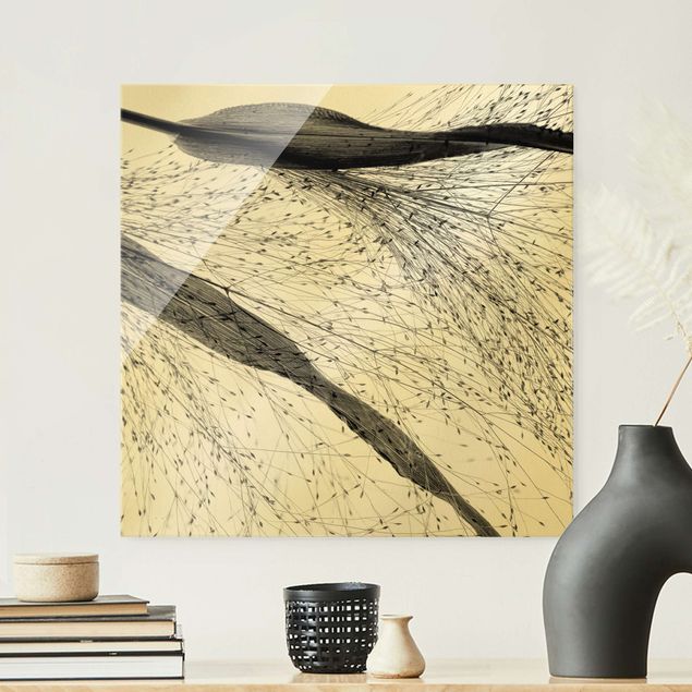 Glass print - Delicate Reed With Subtle Buds Black And White - Square