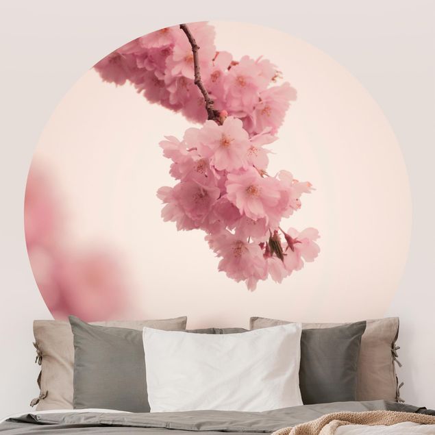 Self-adhesive round wallpaper - Pale Pink Spring Flower With Bokeh