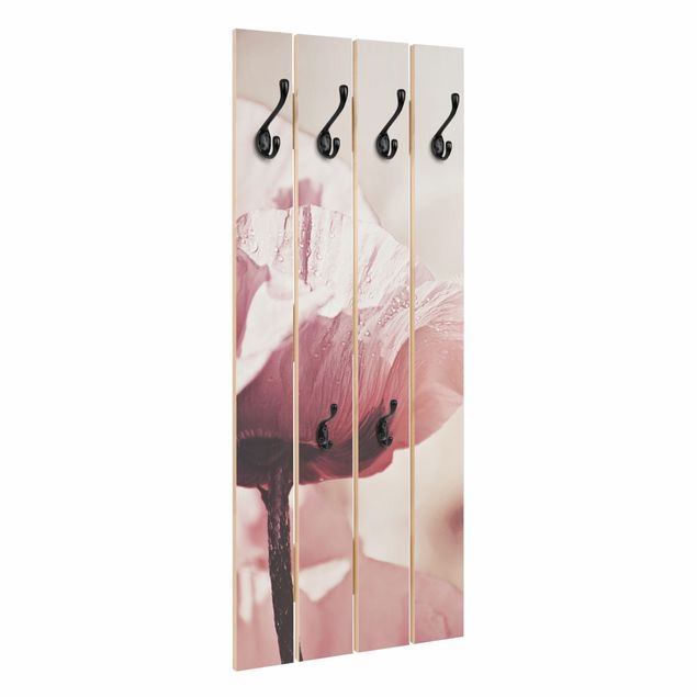 Wooden coat rack - Pale Pink Poppy Flower With Water Drops