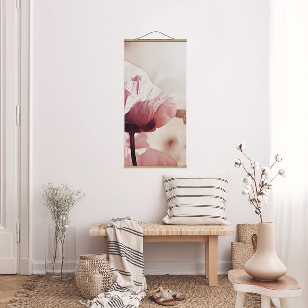 Fabric print with poster hangers - Pale Pink Poppy Flower With Water Drops - Portrait format 1:2