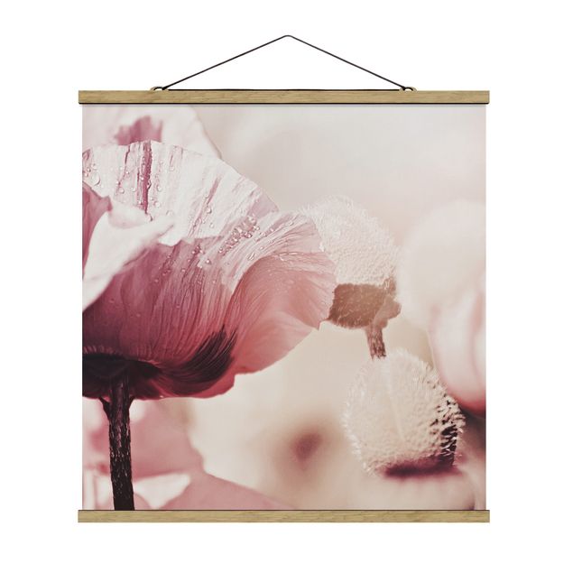 Fabric print with poster hangers - Pale Pink Poppy Flower With Water Drops - Square 1:1