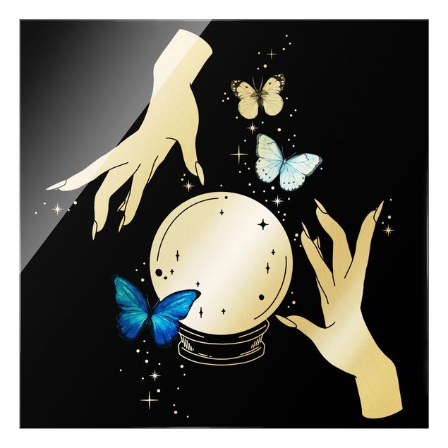 Glass print - Magical Hands - Crystal Ball And Butterflies - Square