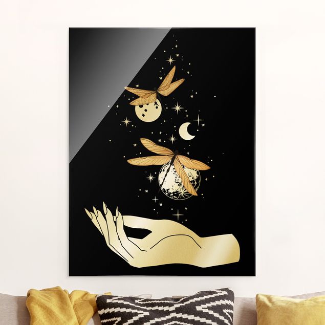Glass print - Magical Hand - Dragonfies And Planets - Portrait format