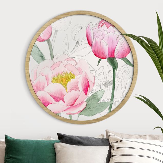 Framed prints round Drawing Light Pink Peonies II