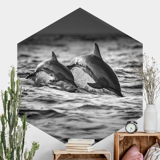 Hexagonal wall mural Two Jumping Dolphins