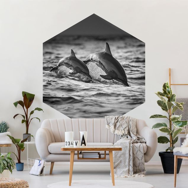 Self-adhesive hexagonal pattern wallpaper - Two Jumping Dolphins