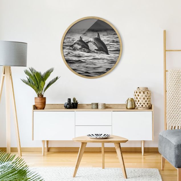 Circular framed print - Two Jumping Dolphins
