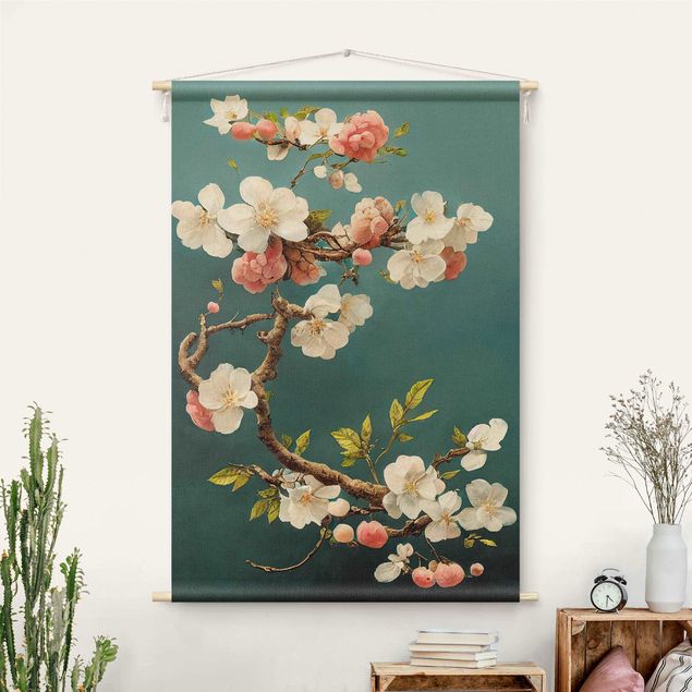 modern wall tapestry Branch With Flowers On Turquoise
