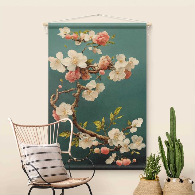 extra large tapestry wall hangings Branch With Flowers On Turquoise