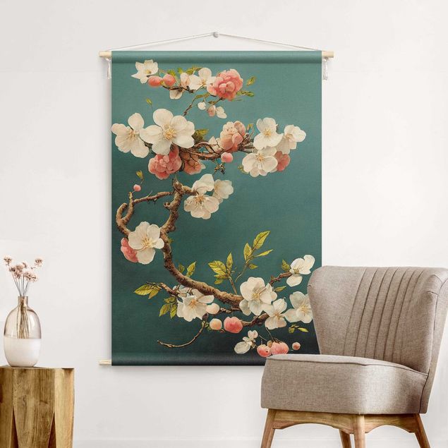 wall hanging decor Branch With Flowers On Turquoise
